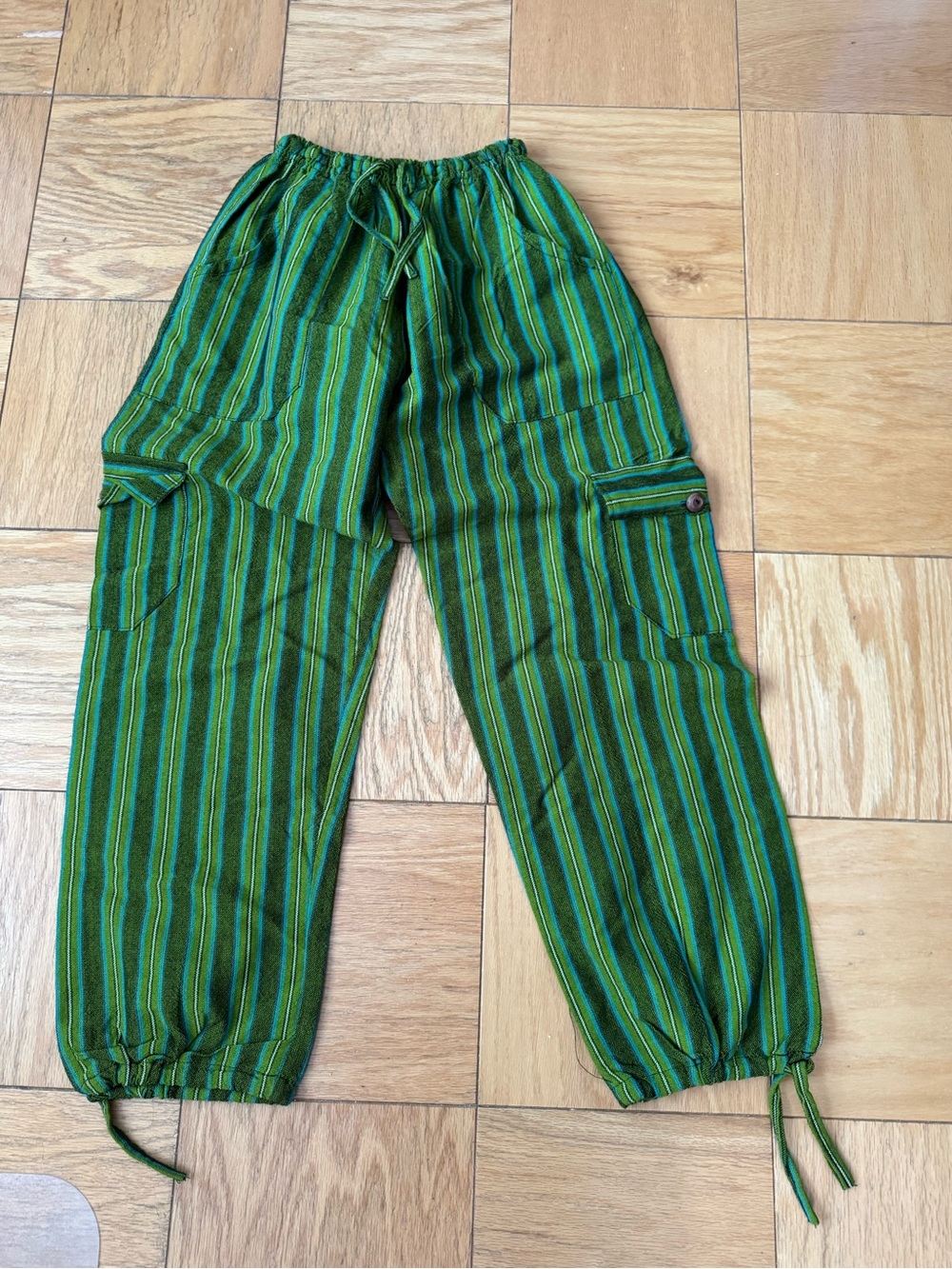 Green Striped Drawstring Cargo Pants